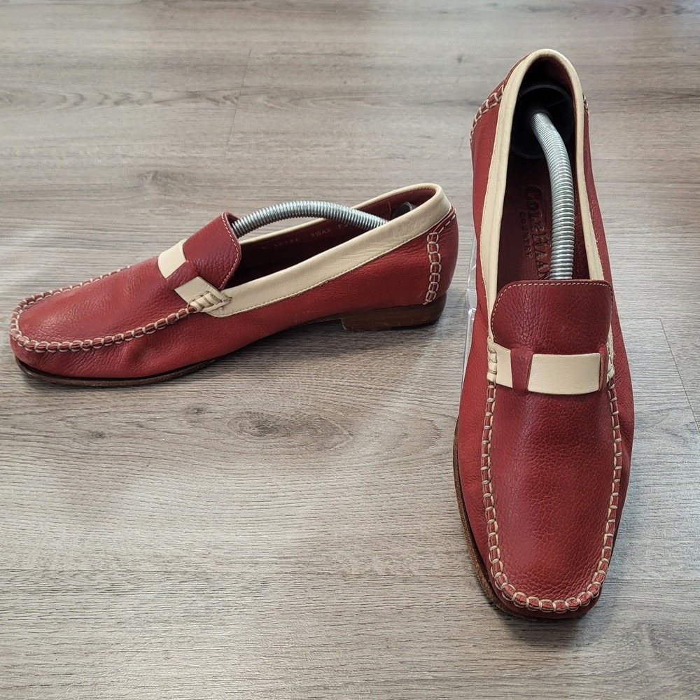 Cole Haan Country Red Pebbled Leather Moc Toe Loafers Cream Trim Preppy 9.5 AA